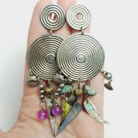 Vintage Funky Disc Shape Dangle Earrings with Beaded Charms, Silver Tone, 80s - Picture 1 of 6